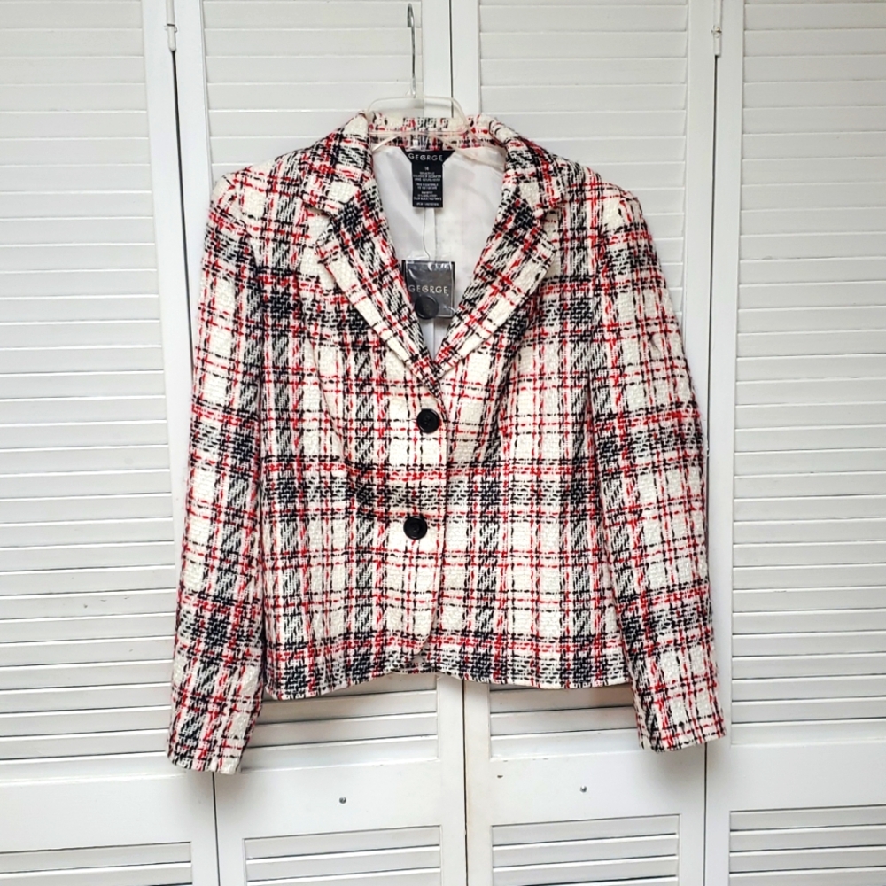 Vintage George Women's FittedBlack and Red Plaid Tweed Blazer NWT